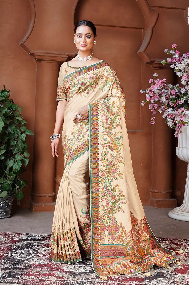 Monjolika Fashion Cream Color Weaving Dola Silk Traditional Saree