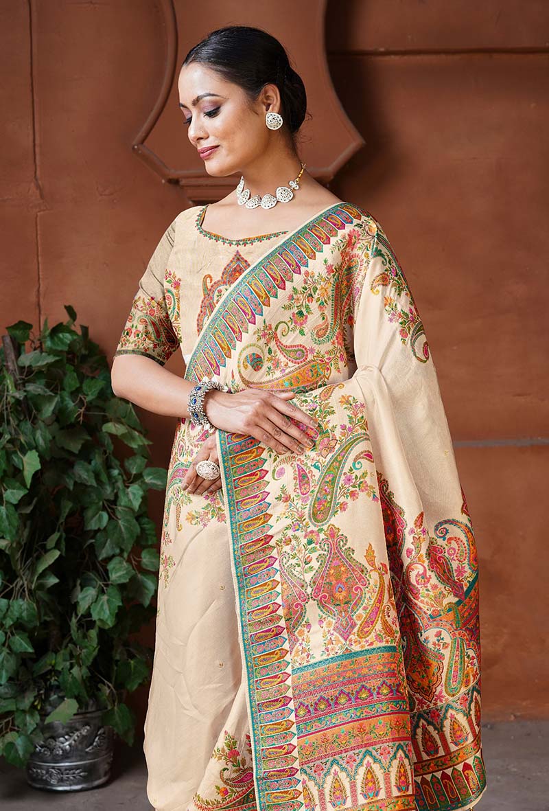 Monjolika Fashion Cream Color Weaving Dola Silk Traditional Saree
