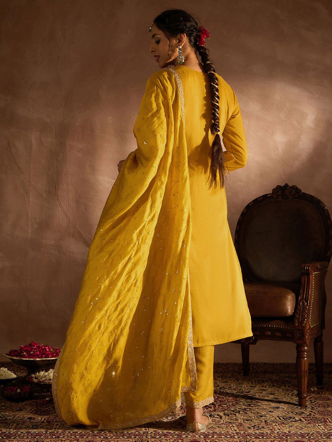 Indo Era Yellow Paisley Embroidered Regular Straight Kurta With Trousers & Dupatta - Distacart