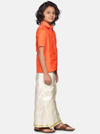 Sethukrishna Boys Orange & White Solid Shirt with Dhoti Set