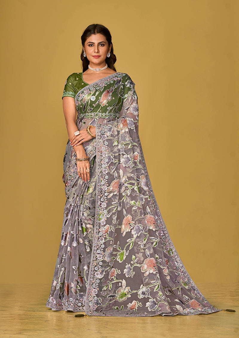 Monjolika Fashion Grey Color Organza Brasso With Beautiful Printed Saree - Distacart