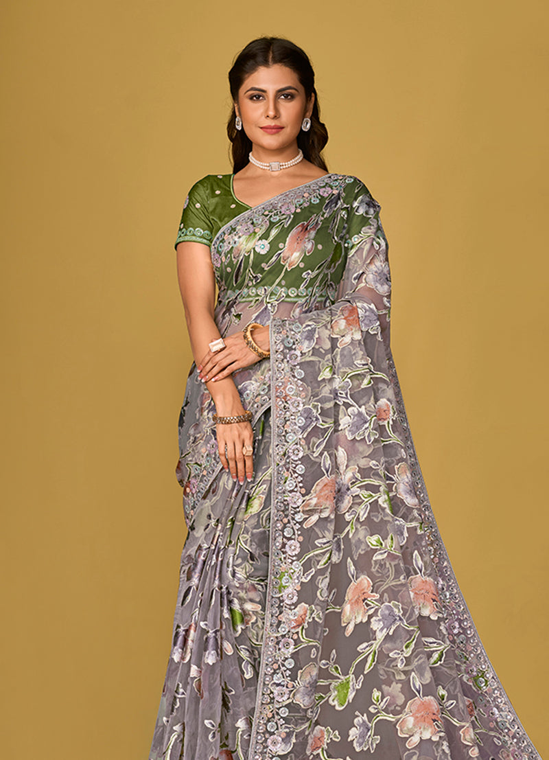 Monjolika Fashion Grey Color Organza Brasso With Beautiful Printed Saree - Distacart