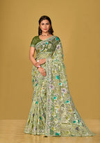 Monjolika Fashion Light Green Color Organza Brasso With Beautiful Printed Saree - Distacart