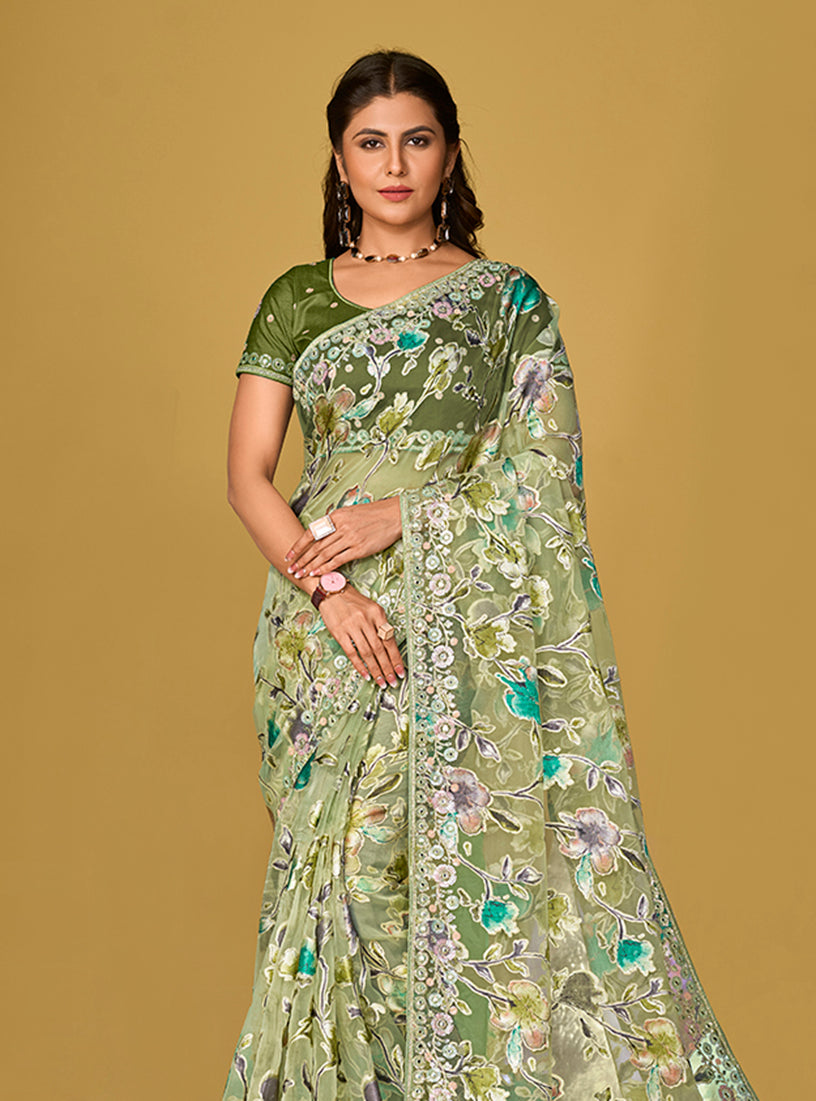 Monjolika Fashion Light Green Color Organza Brasso With Beautiful Printed Saree - Distacart