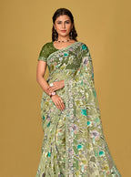 Monjolika Fashion Light Green Color Organza Brasso With Beautiful Printed Saree - Distacart