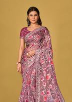 Monjolika Fashion Mauve Pink Color Organza Brasso With Beautiful Printed Saree