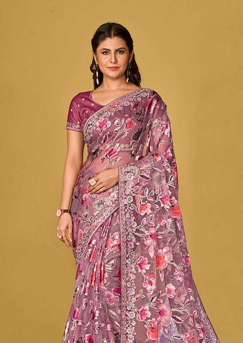 Monjolika Fashion Mauve Pink Color Organza Brasso With Beautiful Printed Saree