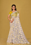 Monjolika Fashion Off White Color Organza Brasso With Beautiful Printed Saree