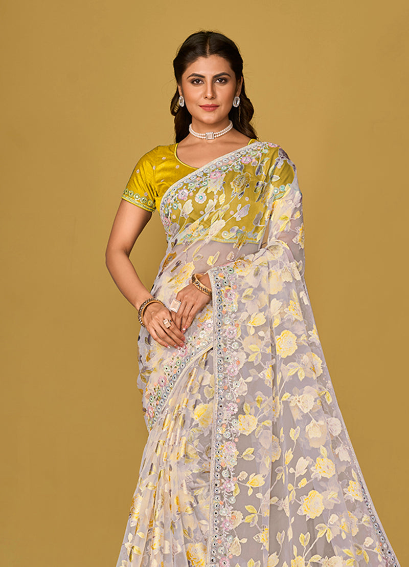 Monjolika Fashion Off White Color Organza Brasso With Beautiful Printed Saree