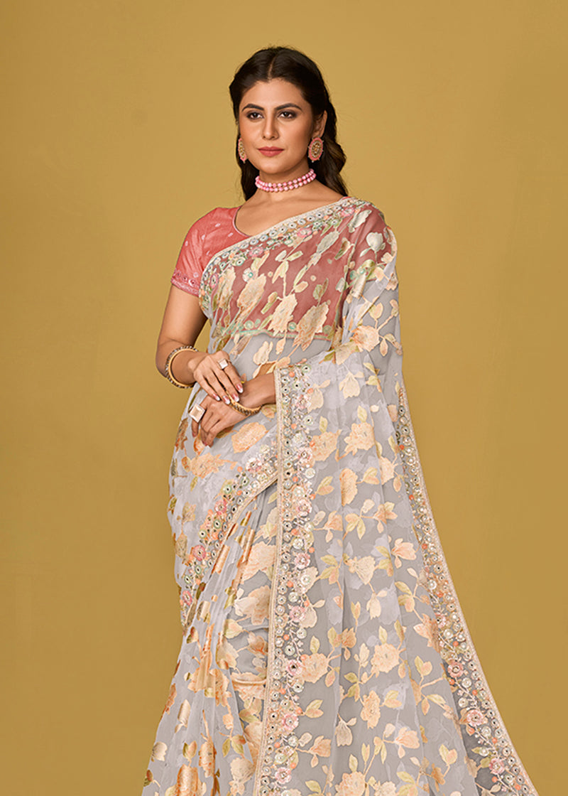 Monjolika Fashion Off White Color Organza Brasso With Beautiful Printed Saree