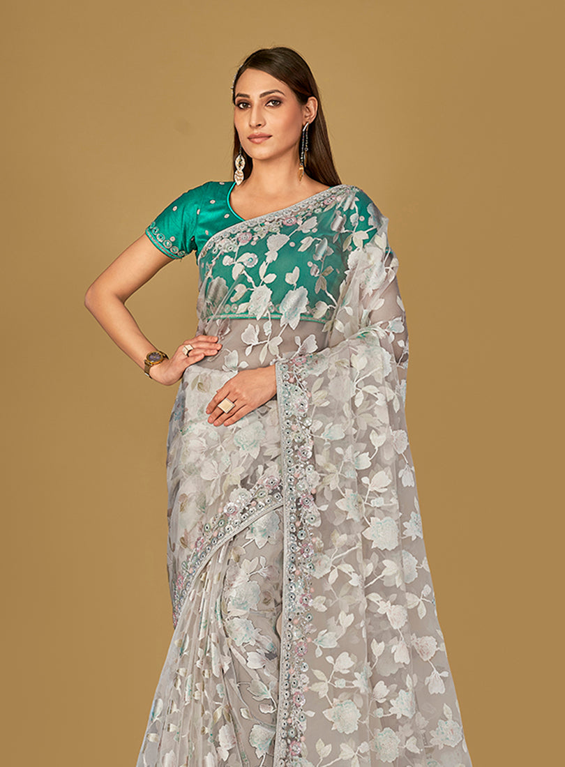 Monjolika Fashion Off White Color Organza Brasso With Beautiful Printed Saree