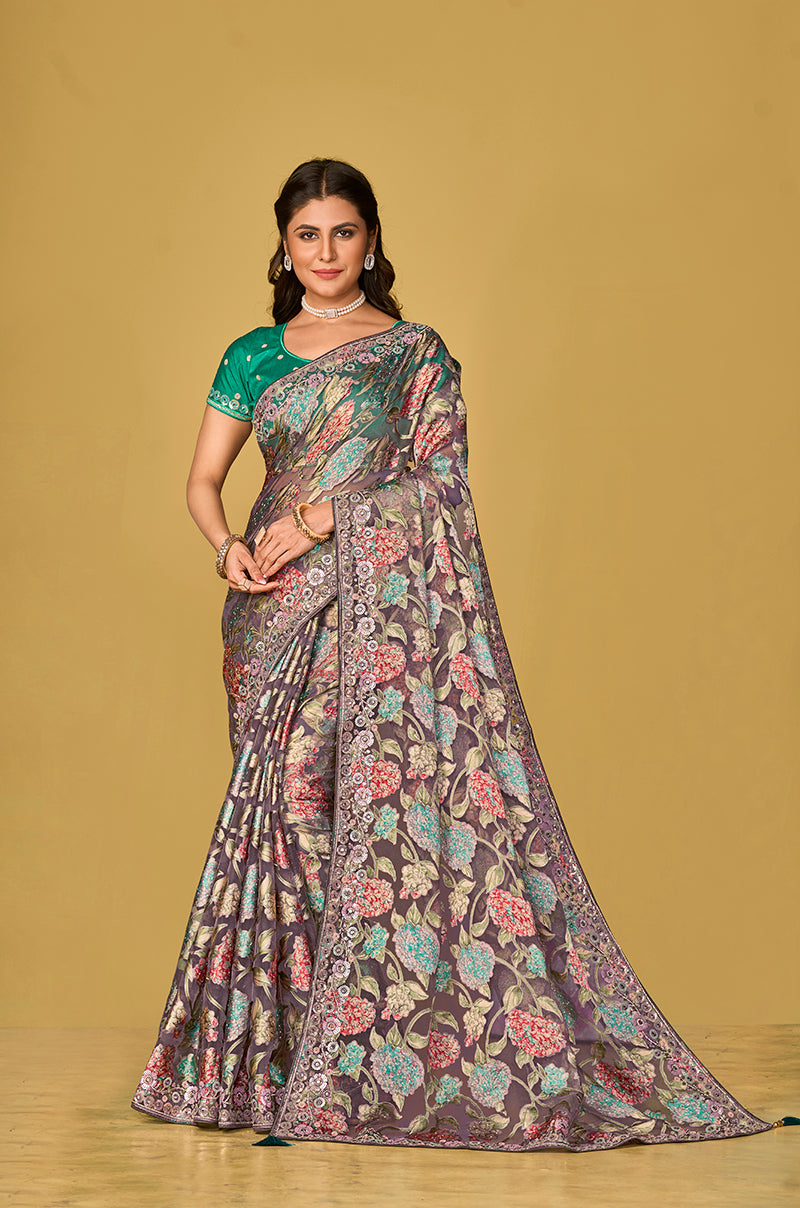 Monjolika Fashion Grey Silk Organza Brasso Festive Wear Printed Saree - Distacart