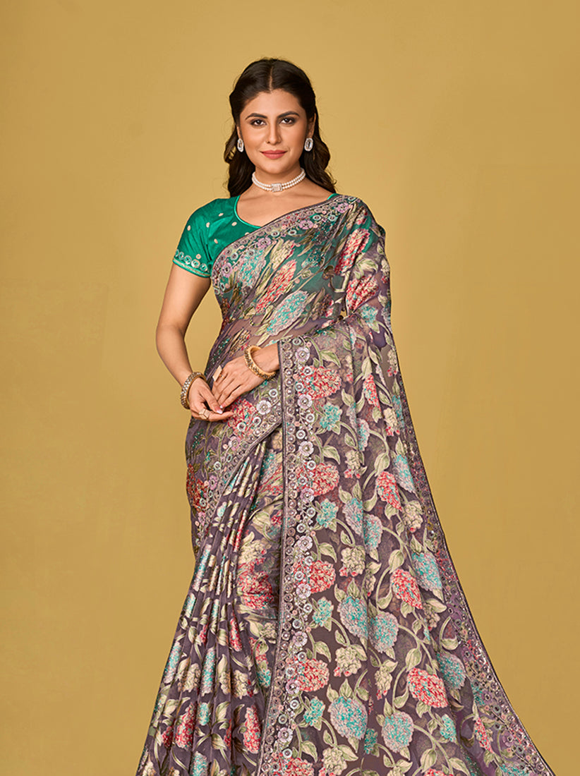 Monjolika Fashion Grey Silk Organza Brasso Festive Wear Printed Saree - Distacart