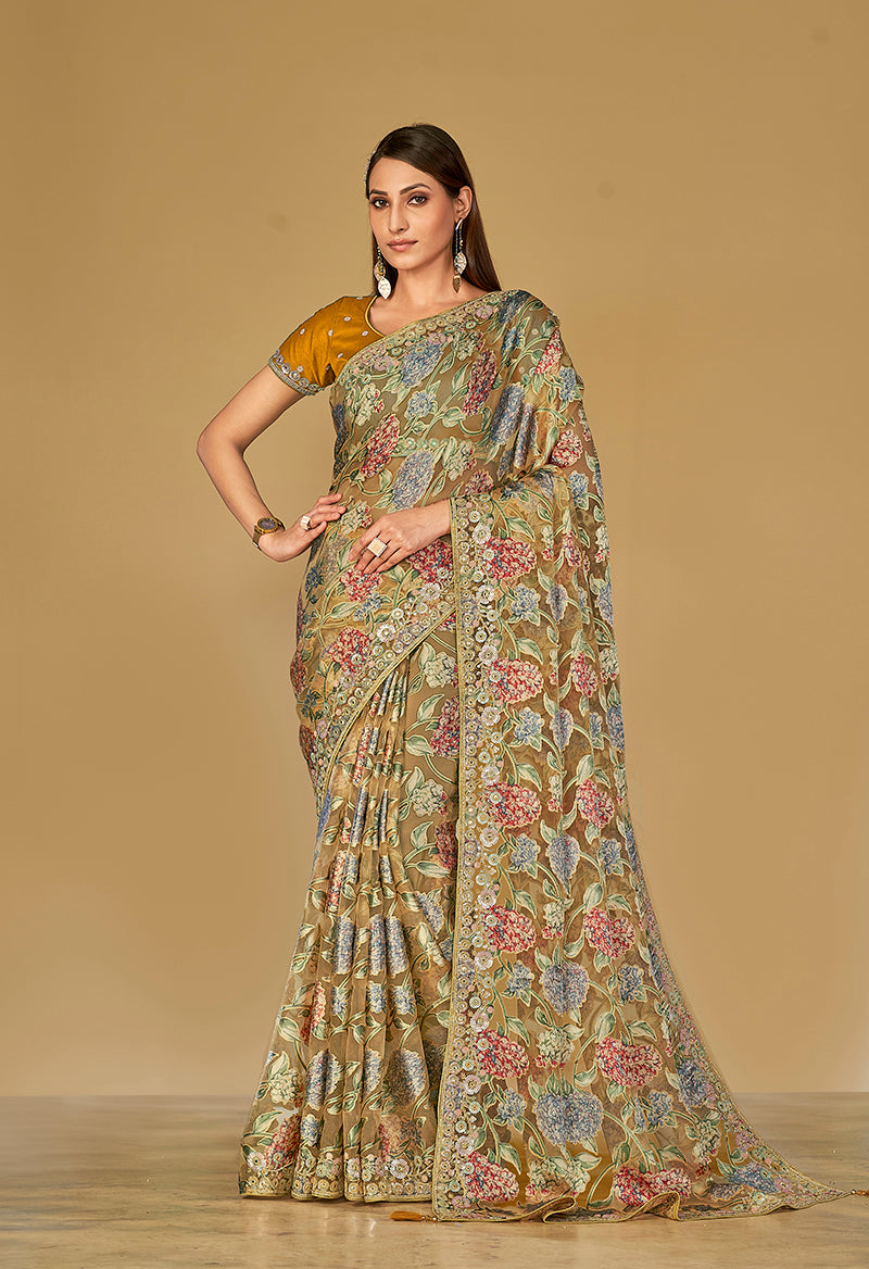 Monjolika Fashion Mustard Silk Organza Brasso Festive Wear Printed Saree - Distacart