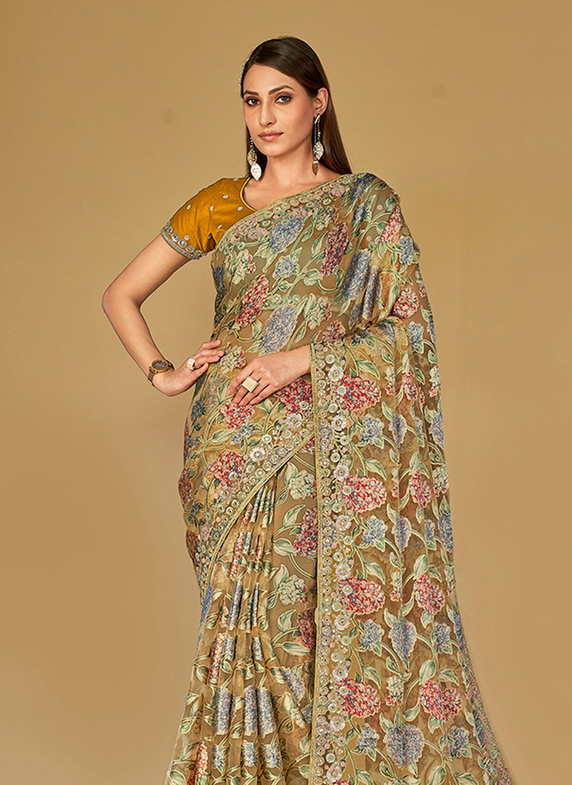 Monjolika Fashion Mustard Silk Organza Brasso Festive Wear Printed Saree - Distacart