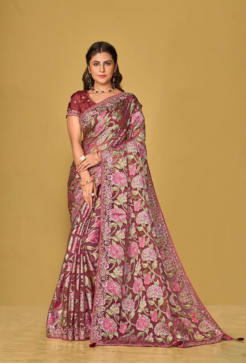Monjolika Fashion Burgundy Silk Organza Brasso Festive Wear Printed Saree