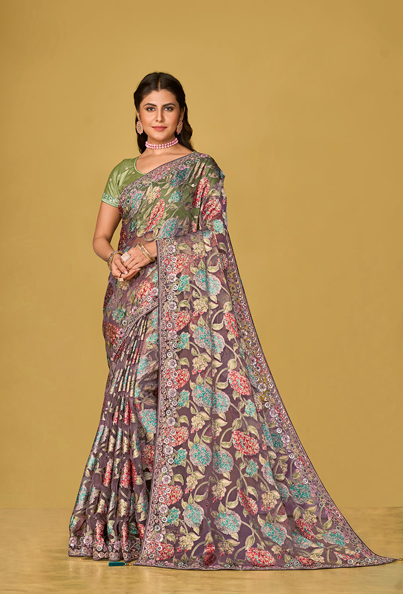 Monjolika Fashion Grey Silk Organza Brasso Festive Wear Printed Saree - Distacart