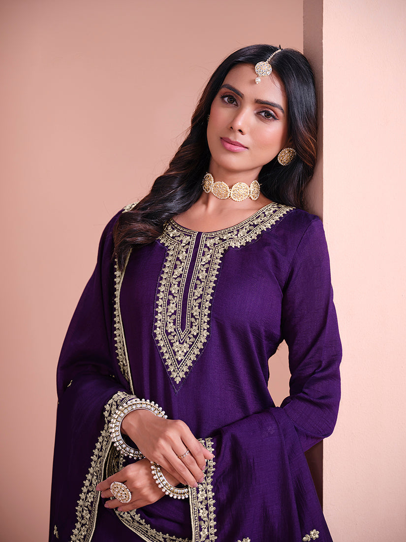 Monjolika Fashion Dark-Purple Color Embroidered Santoon Art Silk Salwar Suit - Distacart