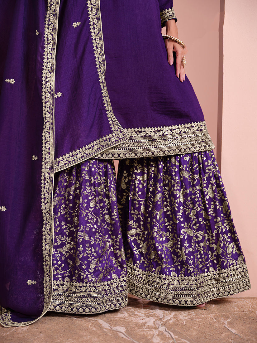 Monjolika Fashion Dark-Purple Color Embroidered Santoon Art Silk Salwar Suit - Distacart