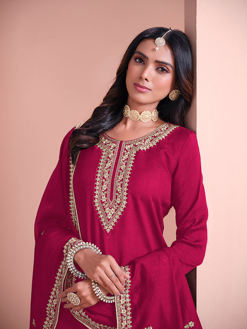 Monjolika Fashion Rani-Pink Color Embroidered Santoon Art Silk Salwar Suit - Distacart