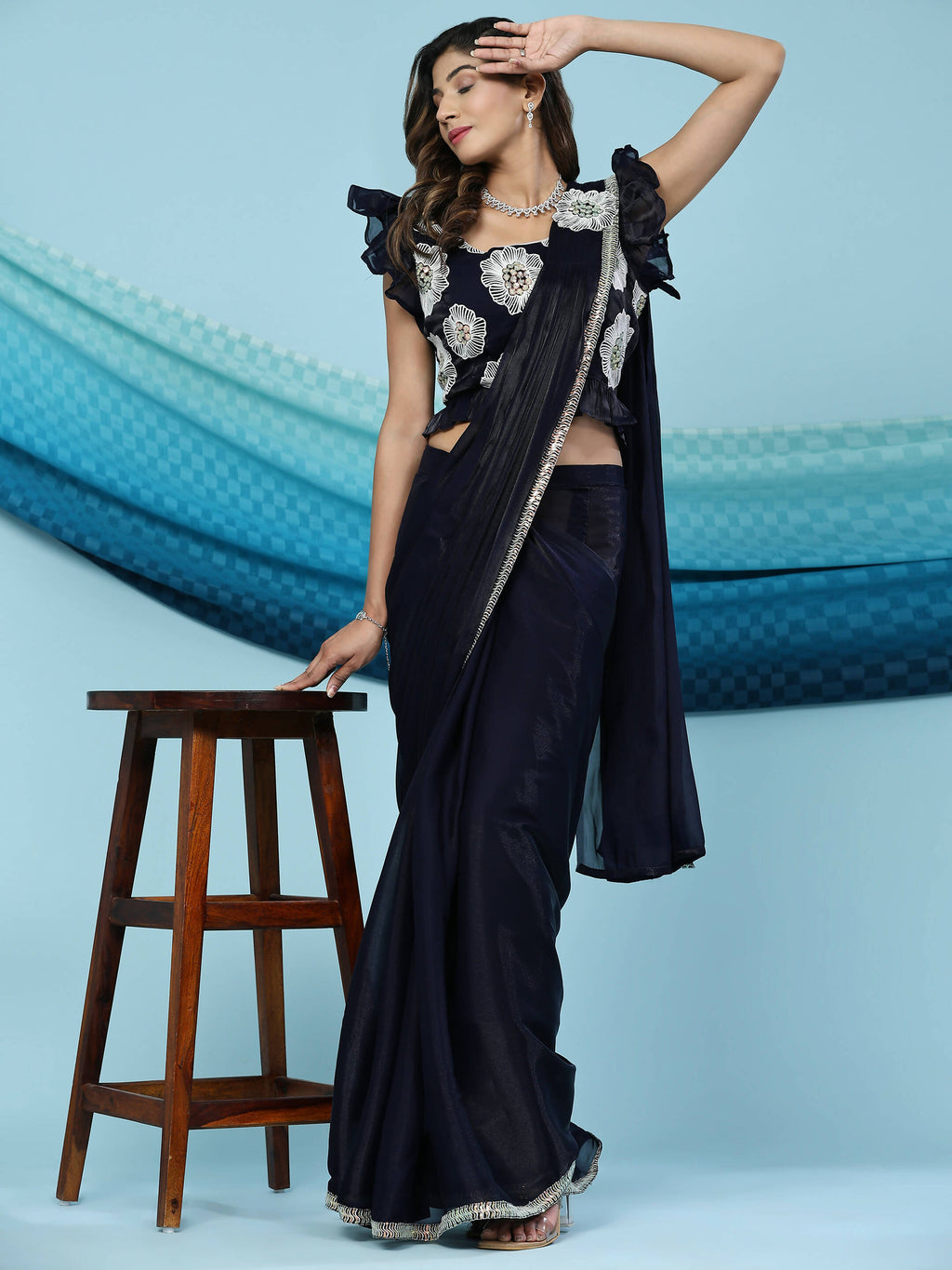 Black Silk Satin Sequence Work Ready to Wear Saree with stitched Blouse - Nirvana