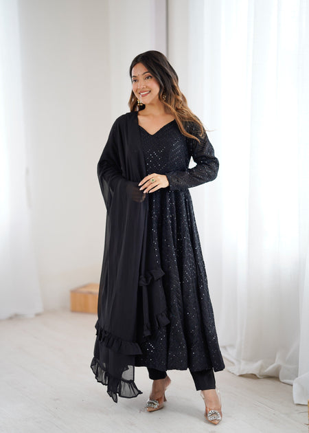 Lorenvalley Fashion Black Faux Georgette Lucknowi Sequence Work Anarkali Kurta Pant With Dupatta Set