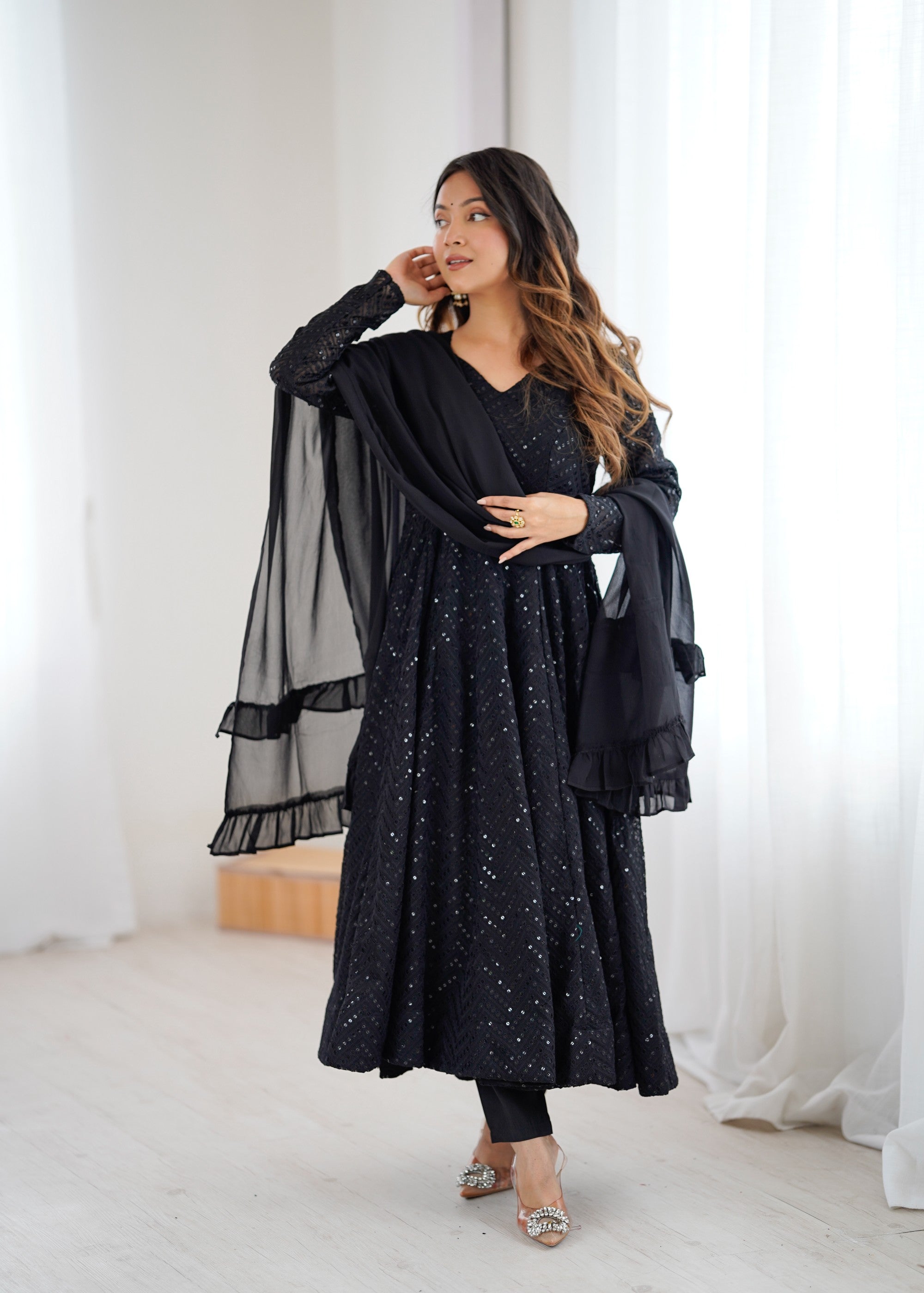 Lorenvalley Fashion Black Faux Georgette Lucknowi Sequence Work Anarkali Kurta Pant With Dupatta Set - Distacart