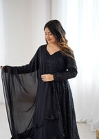 Lorenvalley Fashion Black Faux Georgette Lucknowi Sequence Work Anarkali Kurta Pant With Dupatta Set - Distacart