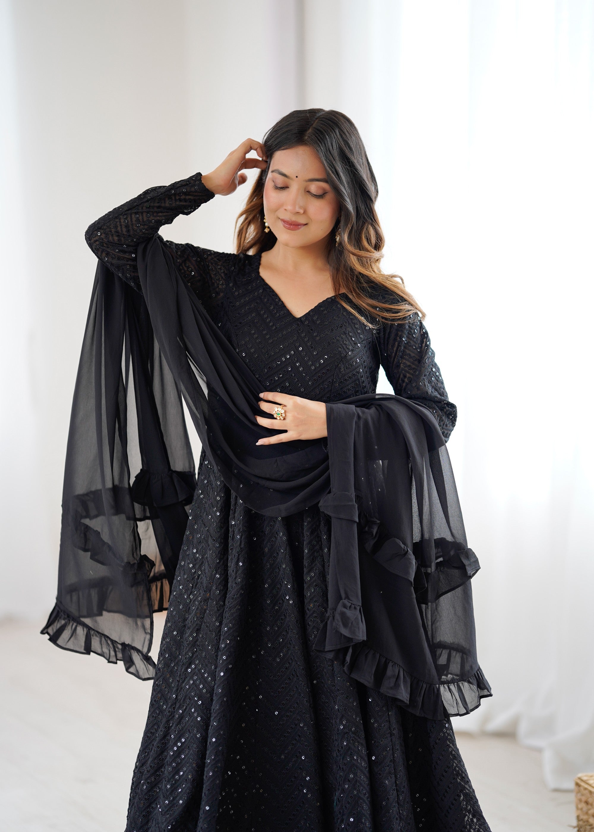 Lorenvalley Fashion Black Faux Georgette Lucknowi Sequence Work Anarkali Kurta Pant With Dupatta Set - Distacart