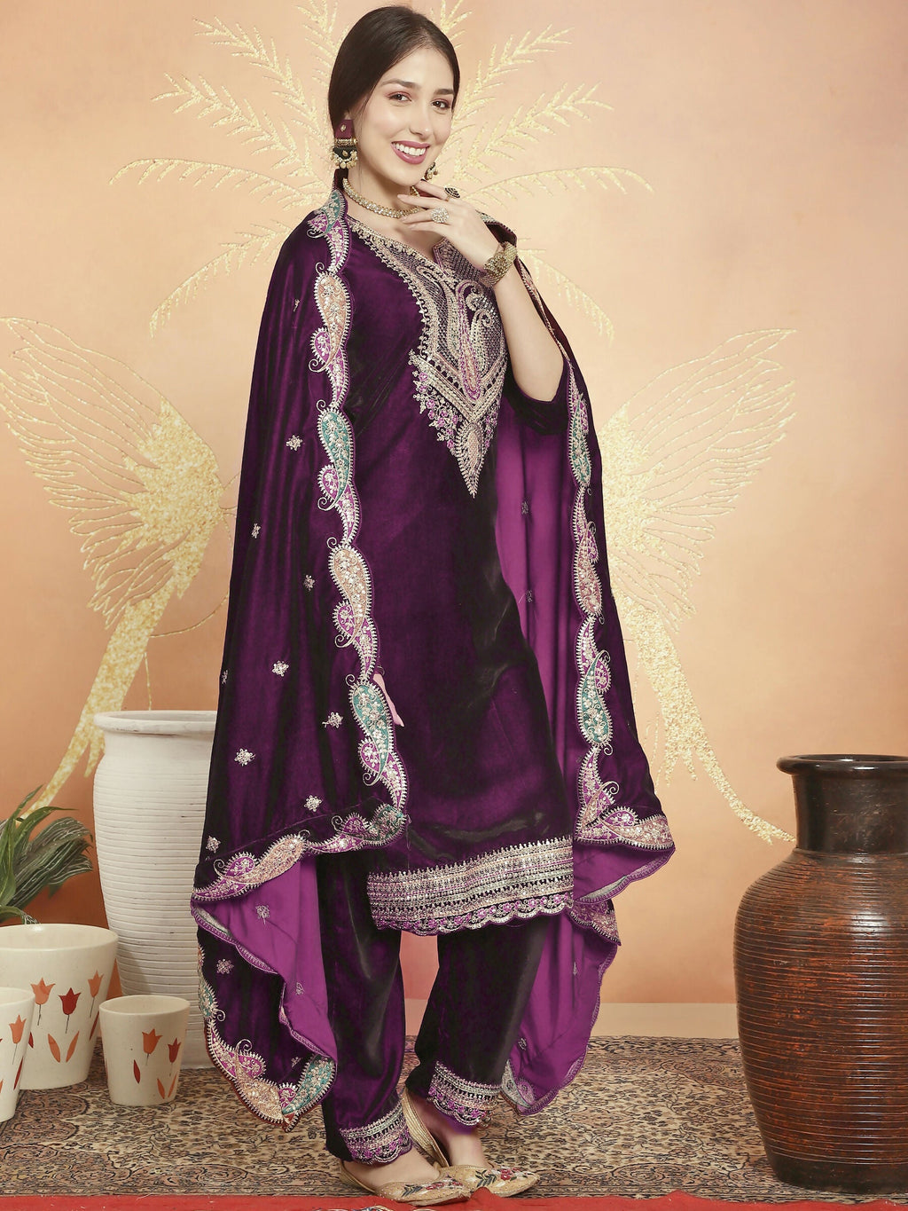 Jyoti Fashion Women's Wine Velvet Cording with Resham Thread & Sequin Kurta with Trouser & Dupatta
