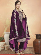 Jyoti Fashion Women's Wine Velvet Cording with Resham Thread & Sequin Kurta with Trouser & Dupatta