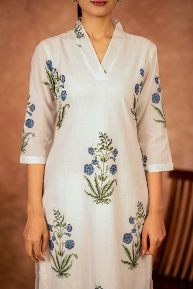 Joban Fashion Off White Blue Hand Block Printed Cotton Suit Set - Distacart