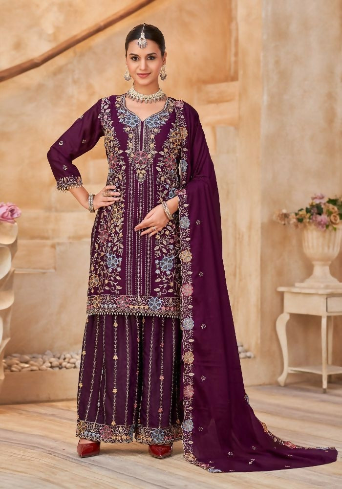 Anaita Maroon Vichitra Silk Readymade Palazzo Suit with Embroidery & Lace Work - Distacart