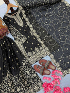 Teeya Creation Black Pure Silk Gimmy Silk Heavy Embroidery Work Wedding Wear Palazzo Pair - Distacart