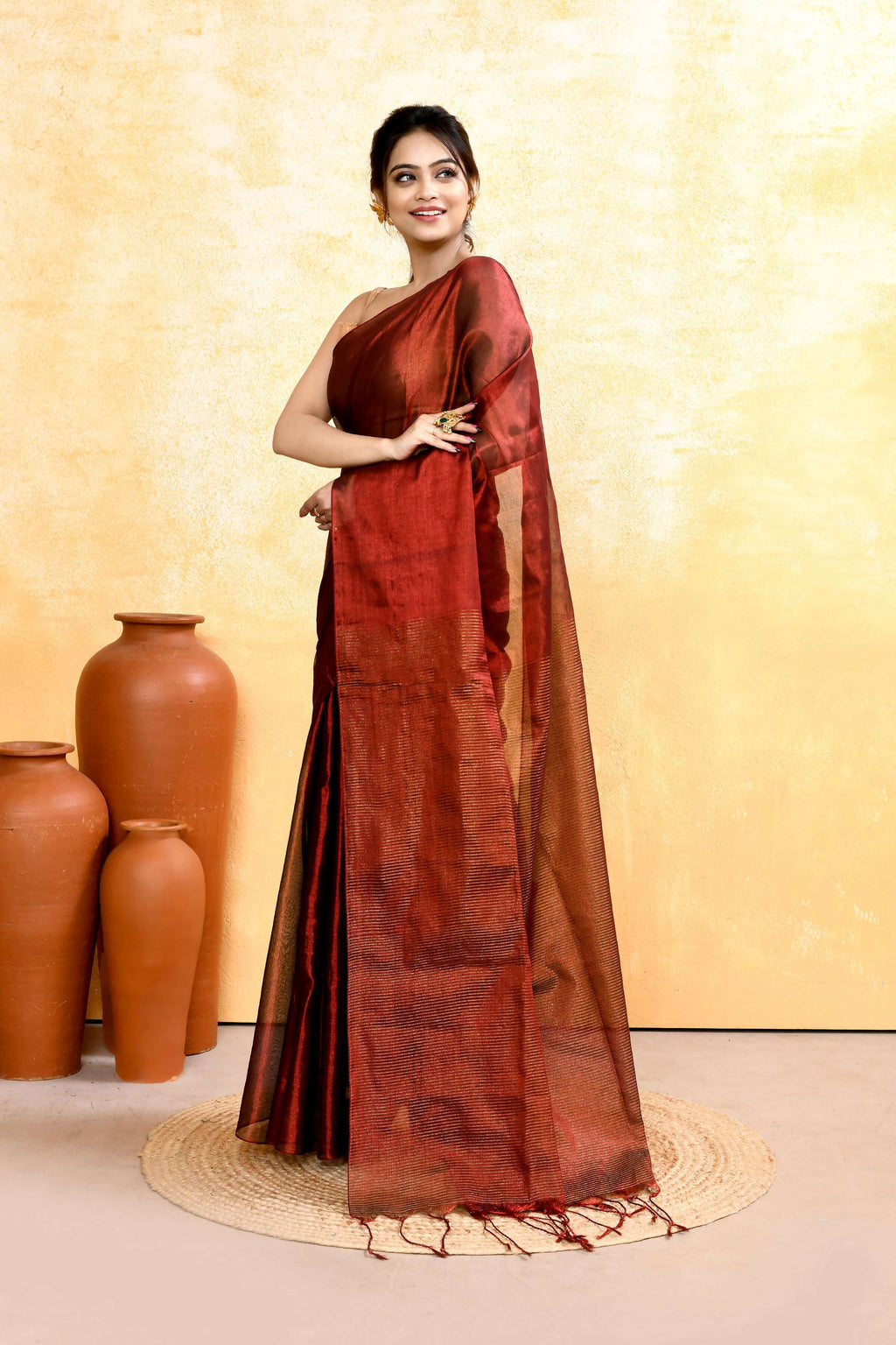 Piyari Fashion Women's Maroon Dual Tone Organic Tissue Saree With Blouse Piece - Distacart