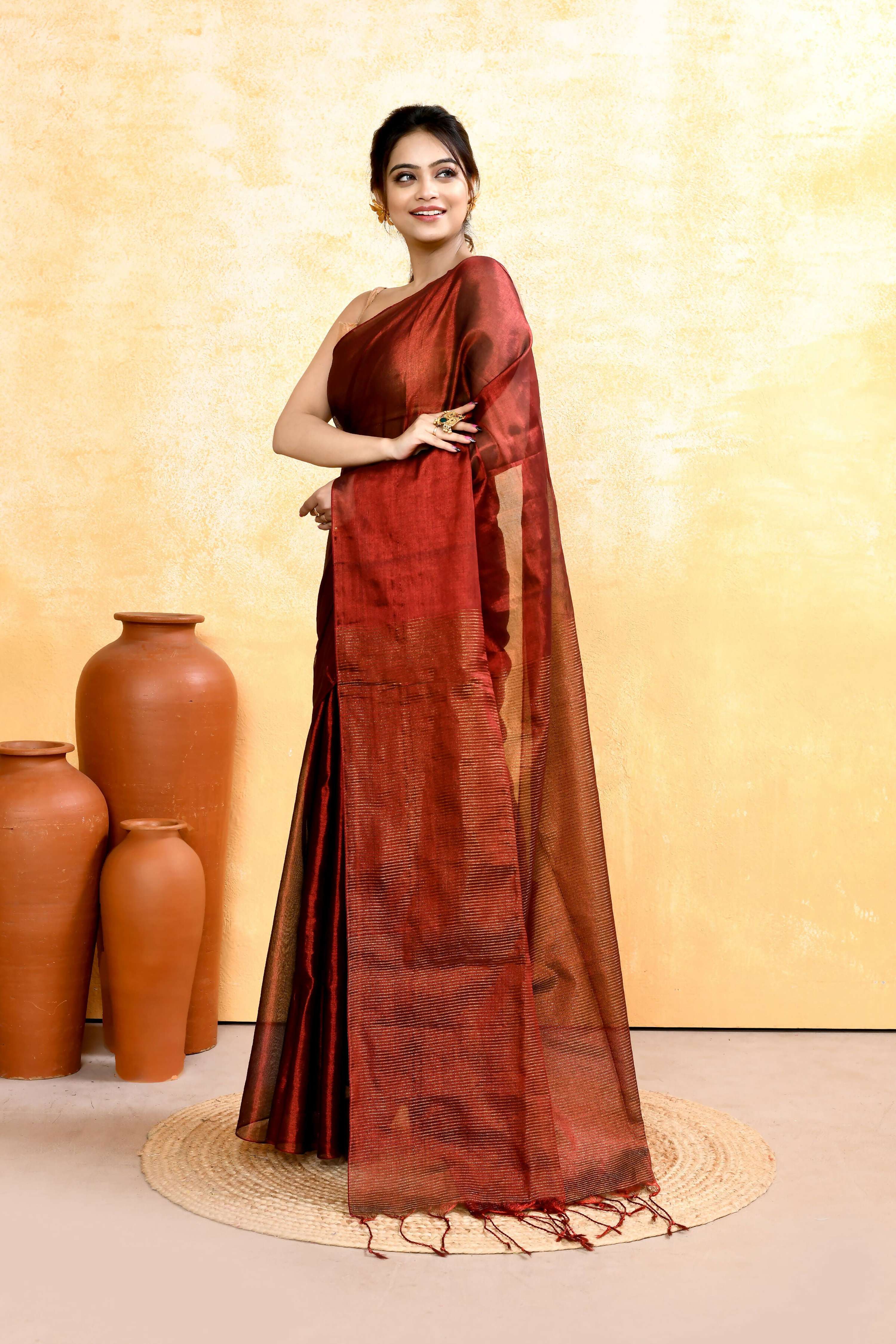 Piyari Fashion Women's Maroon Dual Tone Organic Tissue Saree With Blouse Piece - Distacart