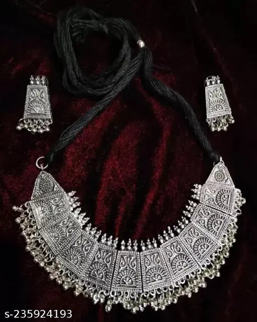 Tehzeeb Creations Women's German Silver Oxidised Necklace And Earrings Set
