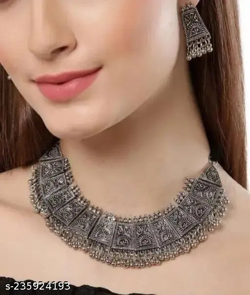 Tehzeeb Creations Women's German Silver Oxidised Necklace And Earrings Set