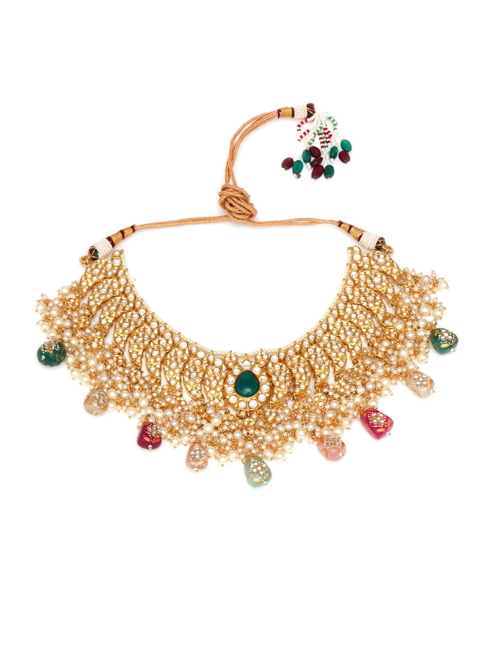 Kundan Choker with Matching Earrings & Maang Tikka Jewellery Set (Gold) - Ruby Raang