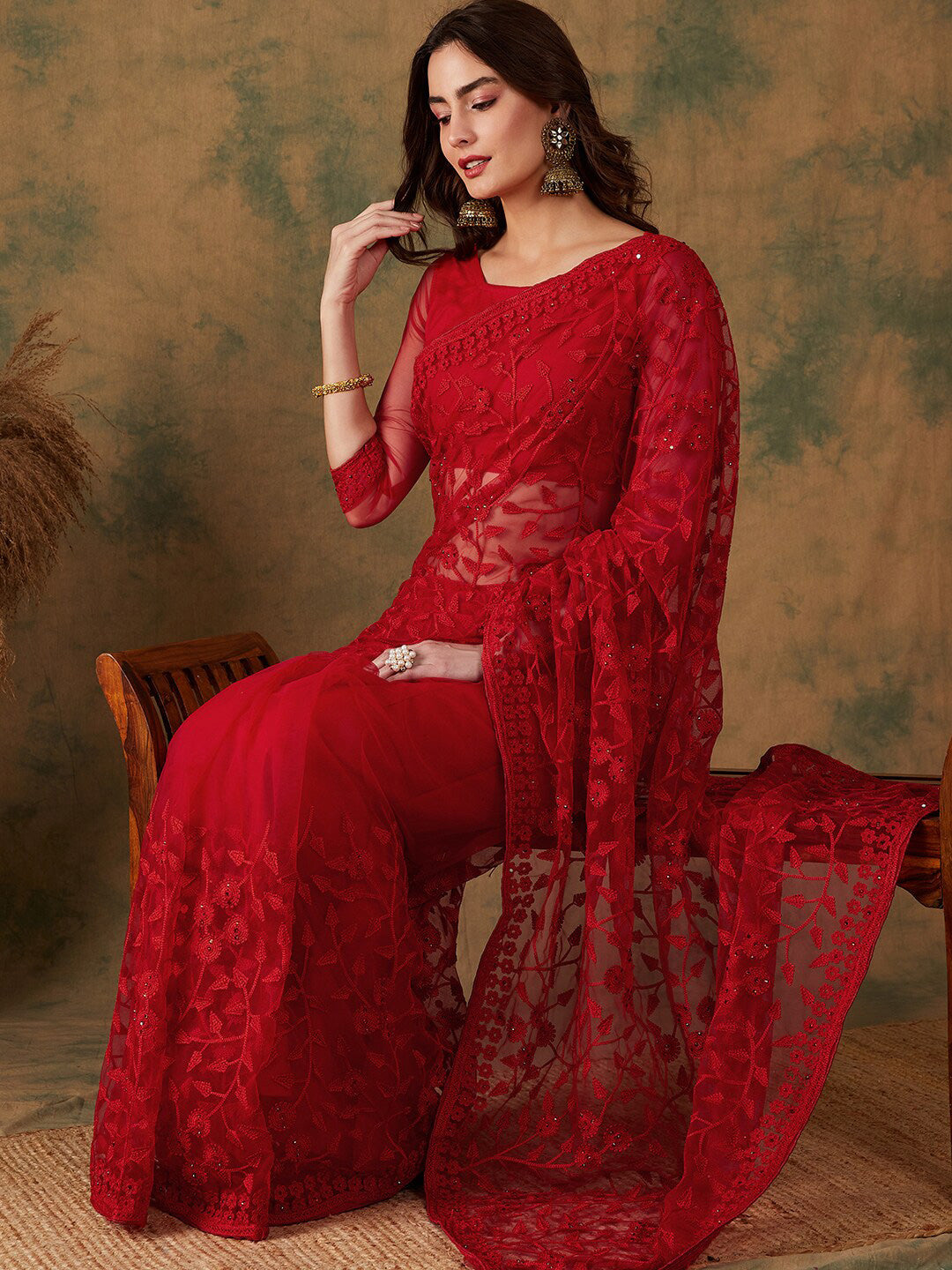 Sangria Embroidered Net Sarees - Distacart