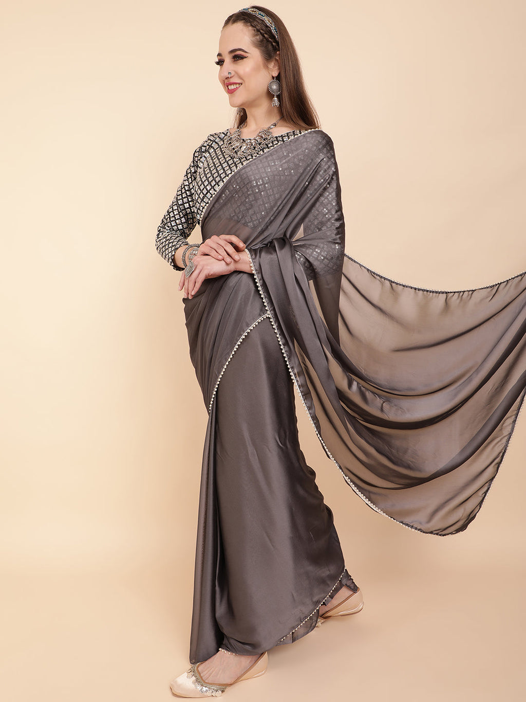 Sangria Grey Beads & Stones Satin Saree - Distacart