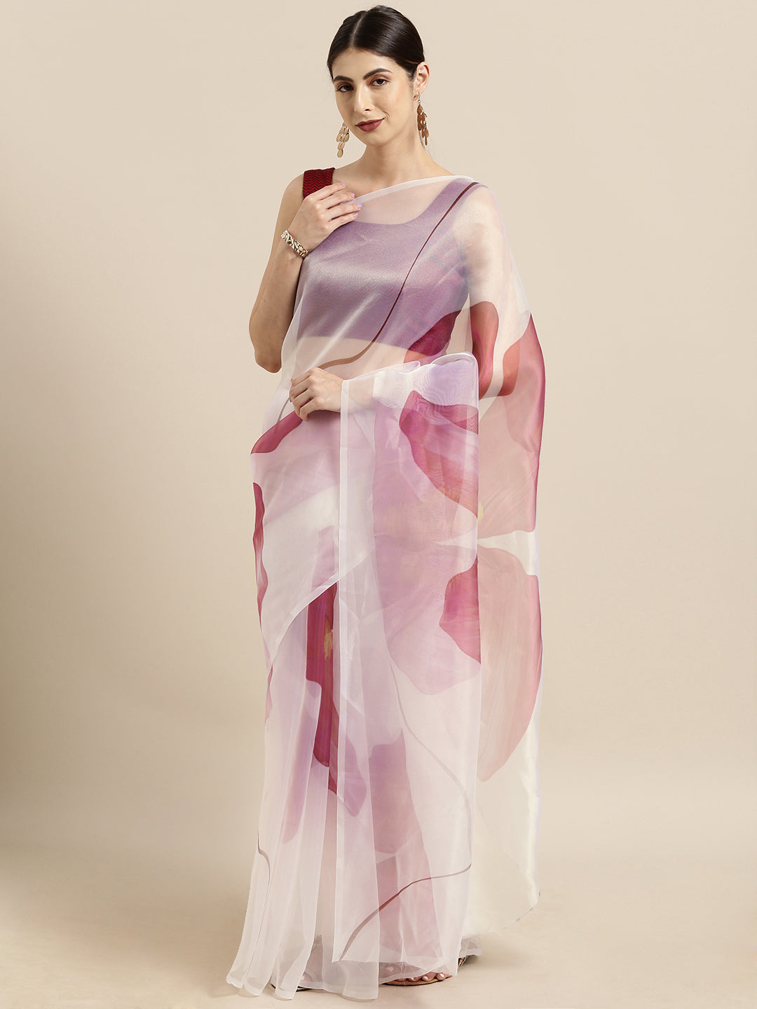 Tikhi Imli White & Pink Organza Printed Saree - Distacart