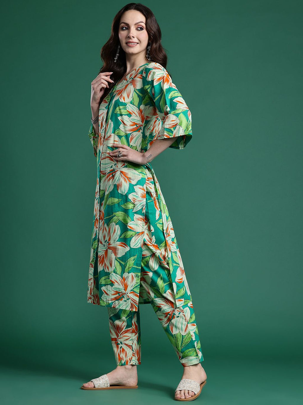Indo Era Women Floral Printed Regular Pure Cotton Kurta with Trousers - Distacart