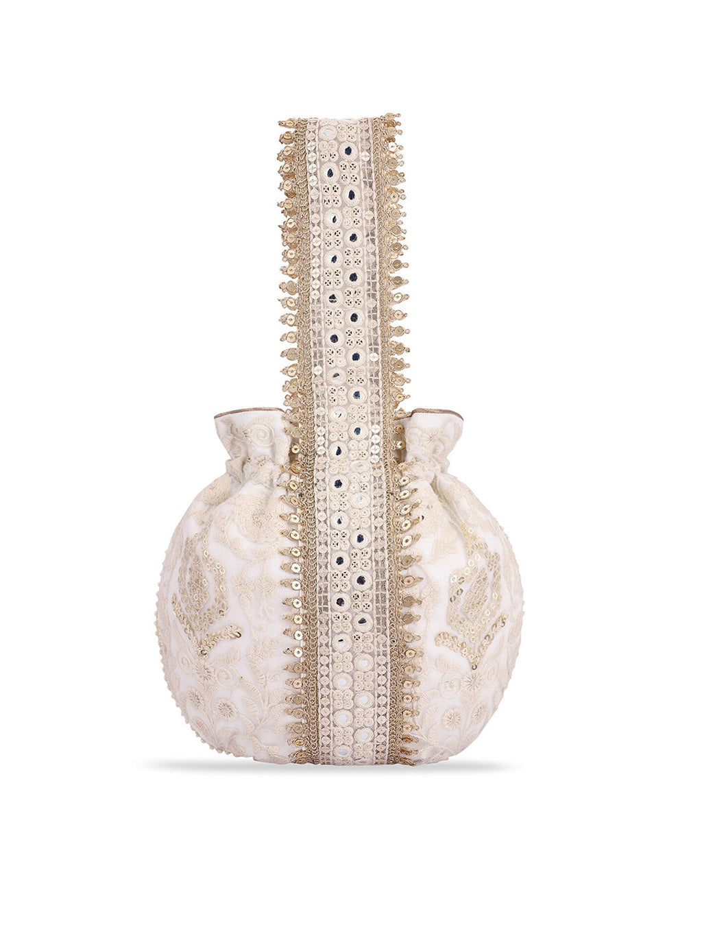 Masq Off White & Gold-Toned Embellished Embroidered Potli Clutch - Distacart