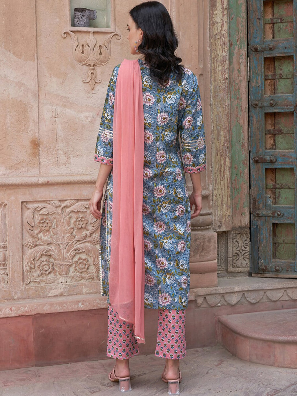 Sangria Blue Floral Printed Gotta Patti Pure Cotton Kurta with Trousers & Dupatta