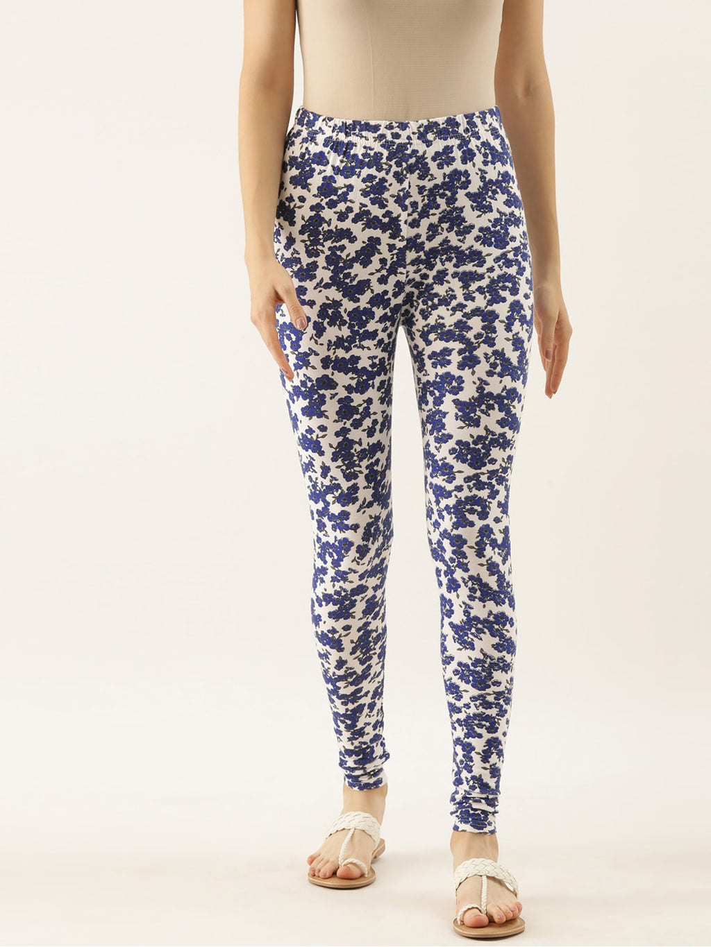 Souchii Women White & Blue Printed Slim-Fit Ankle-Length Leggings - Distacart