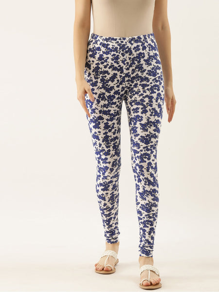 Souchii Women White & Blue Printed Slim-Fit Ankle-Length Leggings
