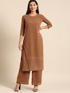 All About You Women Brown Ethnic Motifs Embroidered Chikankari Kurta with Palazzos