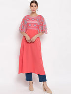 Janasya Coral Geometric Yoke Design Flared Sleeves Crepe Kurta - Distacart