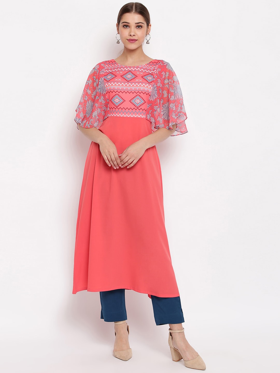 Janasya Coral Geometric Yoke Design Flared Sleeves Crepe Kurta - Distacart